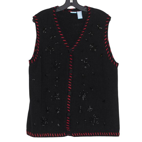 Holiday Editions Sweater Vest Snowflake Beaded Whimsical Folk Rustic Black 1X - Picture 1 of 4